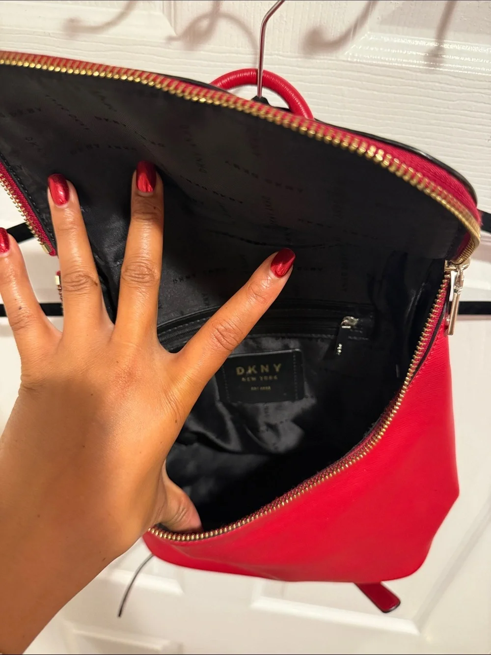 DKNY Red Leather Backpack with Gold Hardware